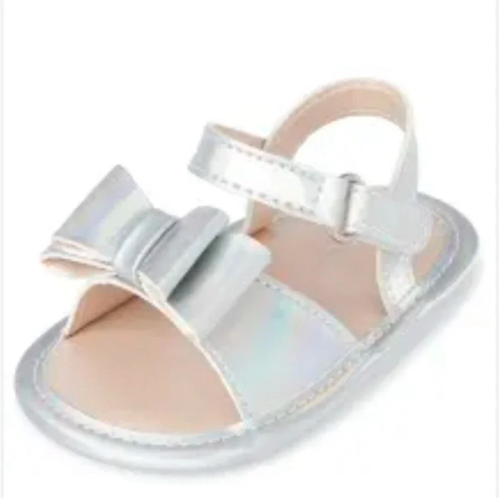 Children's Place Baby Girls Holographic Bow Sandals Metallic Silver Faux Leather